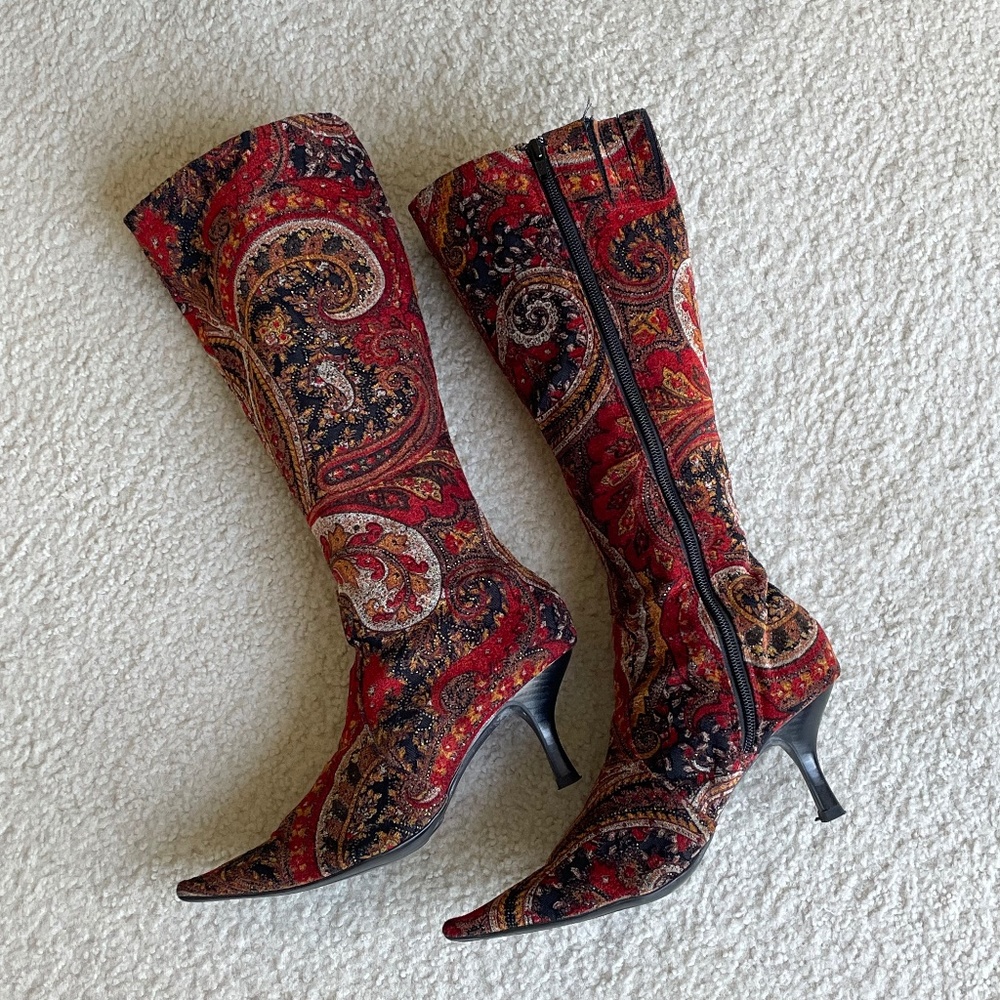 DIBA red velours paisley tall boots